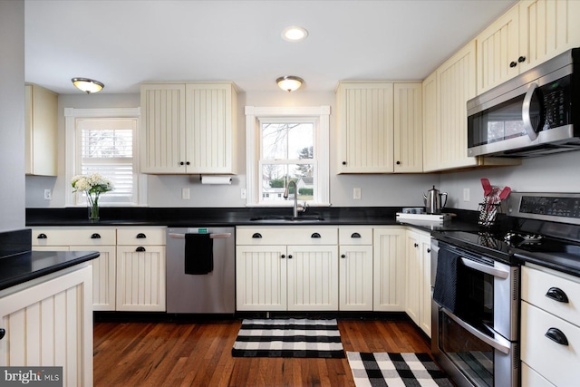 kitchen featuring a healthy amount of sunlight, cream cabinets, stainless steel appliances, and sink