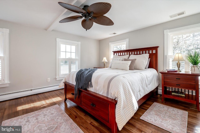 bedroom with beamed ceiling, ceiling fan, dark hardwood / wood-style flooring, and baseboard heating