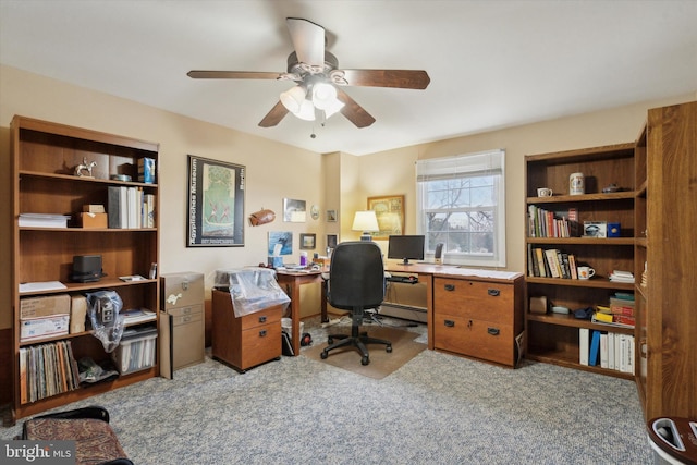 carpeted office space featuring a baseboard radiator and ceiling fan