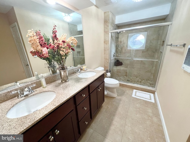 full bath with tile patterned floors, a stall shower, toilet, and a sink