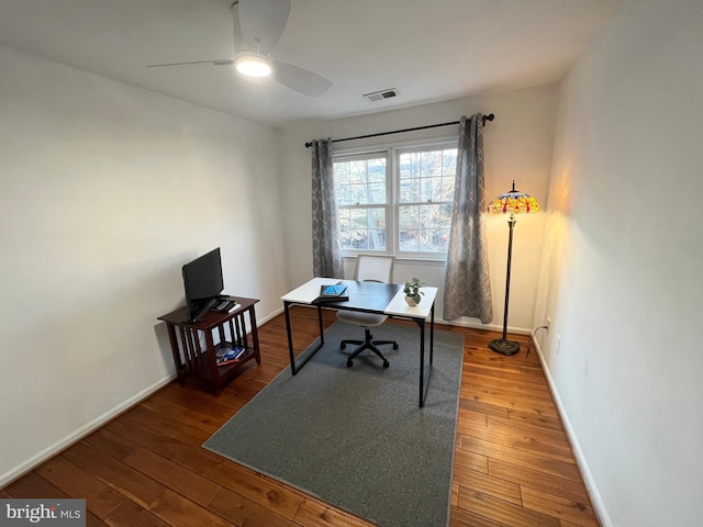 office featuring visible vents, ceiling fan, baseboards, and hardwood / wood-style floors