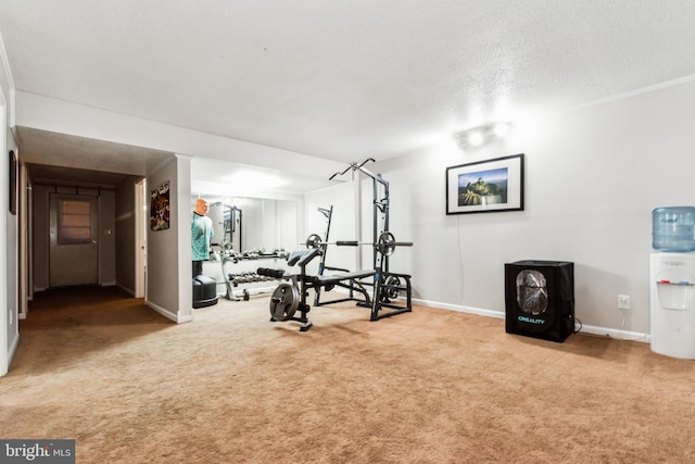 workout area with carpet flooring, ornamental molding, and a textured ceiling