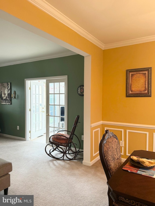 carpeted office with ornamental molding