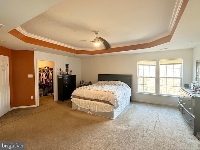 bedroom with a raised ceiling, a walk in closet, ceiling fan, and a closet