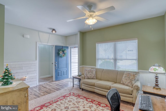 living room featuring ceiling fan and light hardwood / wood-style flooring