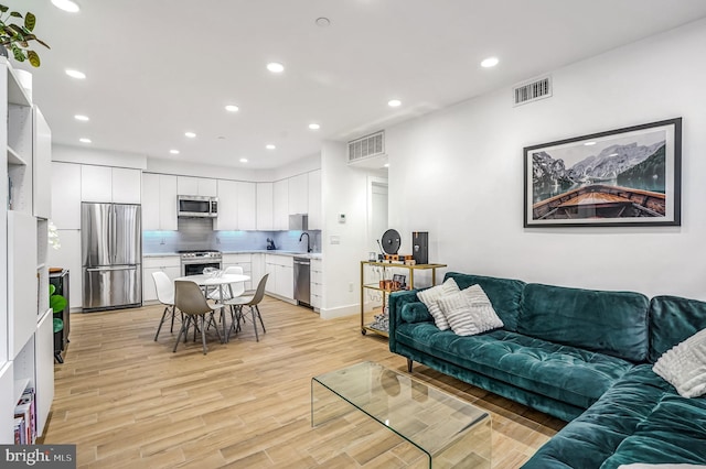 living room featuring light hardwood / wood-style floors and sink