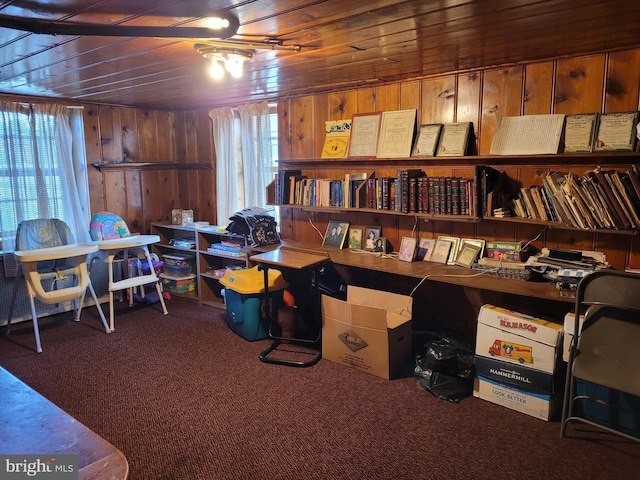 home office featuring wooden walls, carpet floors, and wooden ceiling