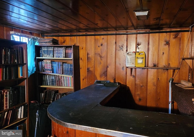 interior space featuring wooden ceiling and wooden walls