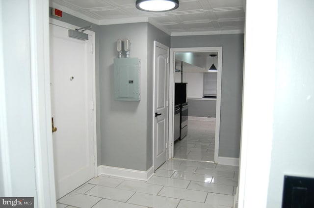 corridor featuring electric panel and light tile patterned flooring