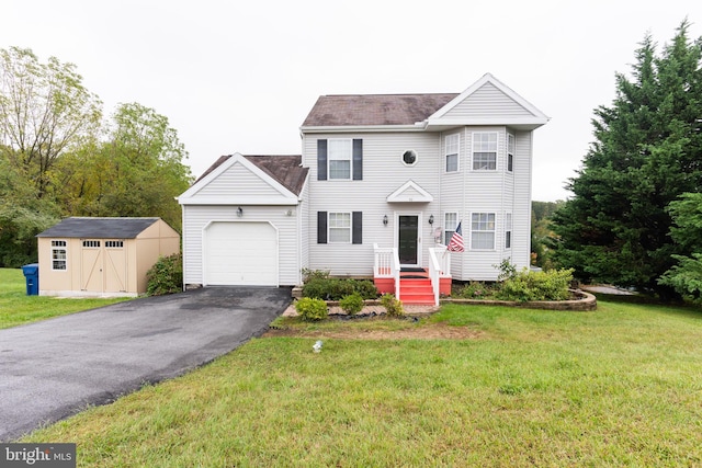 view of front of home featuring a storage shed and a front yard