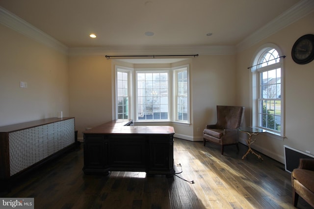 home office with dark hardwood / wood-style floors and ornamental molding