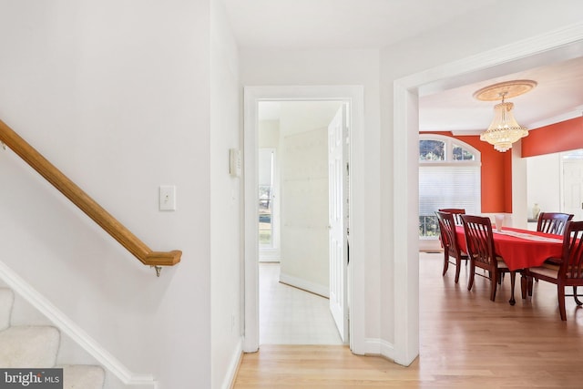 hall with hardwood / wood-style floors, an inviting chandelier, and a healthy amount of sunlight