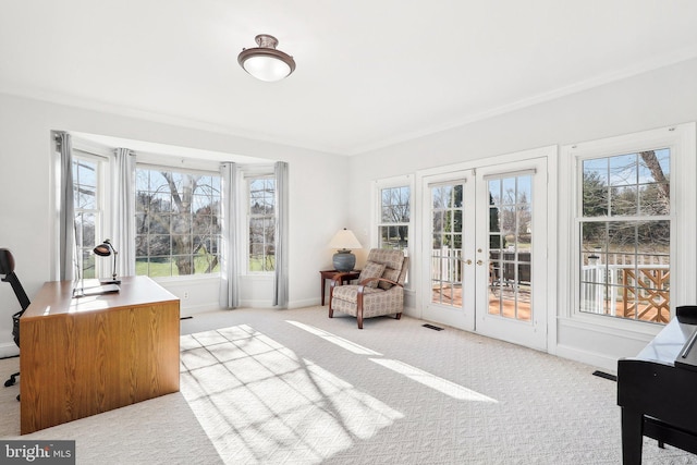 sitting room with light carpet, french doors, and plenty of natural light