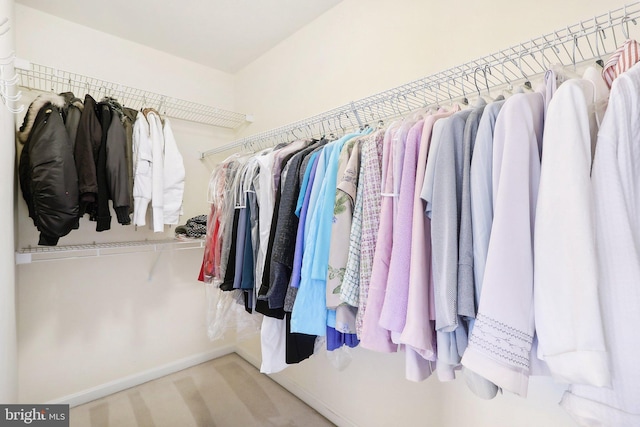 spacious closet featuring light colored carpet