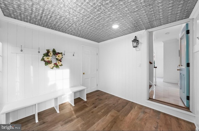 189 Constitution Dr, Princeton, NJ 08540 - mudroom with wood finished floors, an ornate ceiling, and crown molding