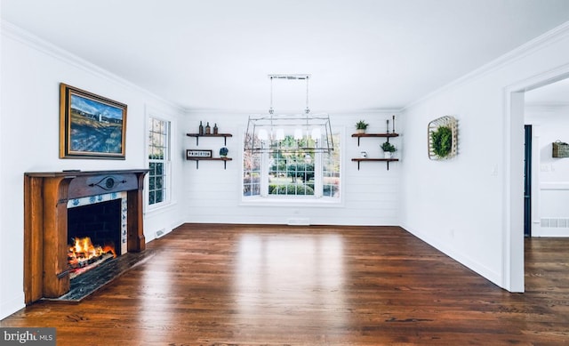 189 Constitution Dr, Princeton, NJ 08540 - unfurnished living room featuring ornamental molding, wood finished floors, a premium fireplace, baseboards, and a chandelier