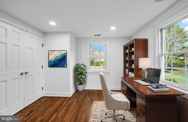 189 Constitution Dr, Princeton, NJ 08540 - home office with baseboards, dark wood-type flooring, and recessed lighting