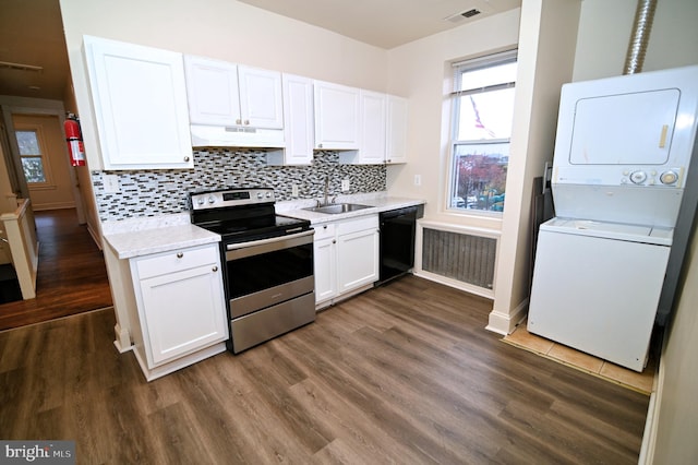 kitchen with white cabinetry, dishwasher, dark wood-type flooring, stainless steel range with electric cooktop, and stacked washer and clothes dryer