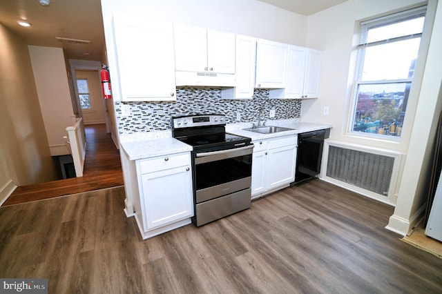 kitchen with white cabinetry, sink, black dishwasher, dark hardwood / wood-style floors, and stainless steel electric range