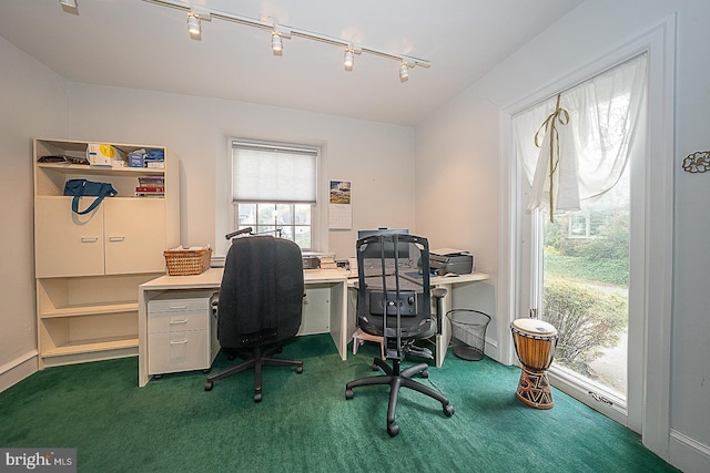 home office featuring dark carpet