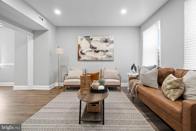 living room with dark wood-type flooring