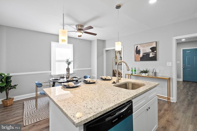 kitchen with white cabinetry, dishwasher, sink, dark hardwood / wood-style flooring, and a center island with sink