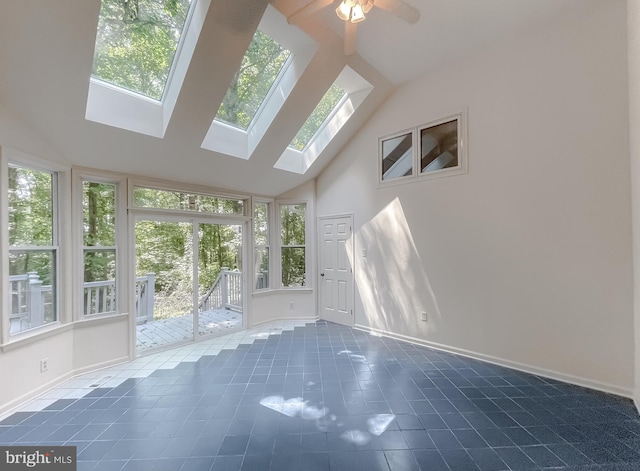 unfurnished sunroom with ceiling fan and a skylight