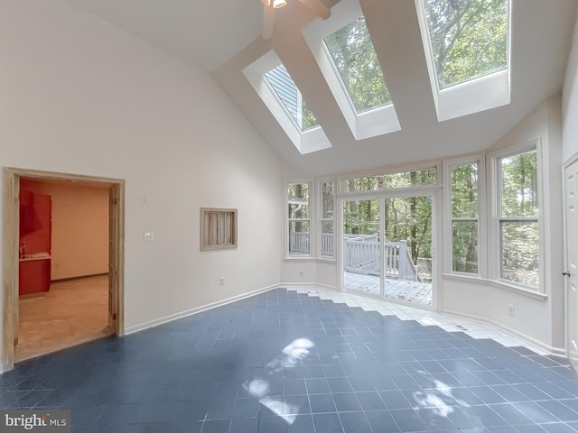 unfurnished sunroom featuring a healthy amount of sunlight and lofted ceiling with skylight