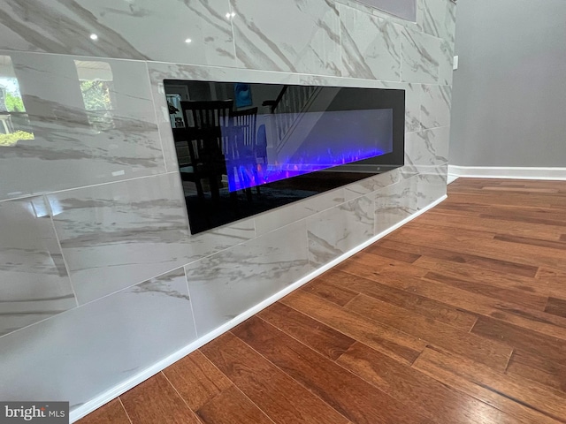 interior details with hardwood / wood-style floors and a premium fireplace