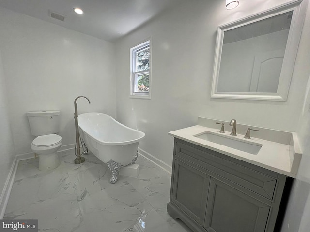 bathroom featuring vanity, toilet, and a bathing tub