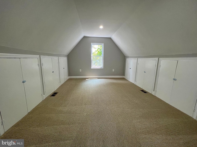 additional living space with light colored carpet and vaulted ceiling