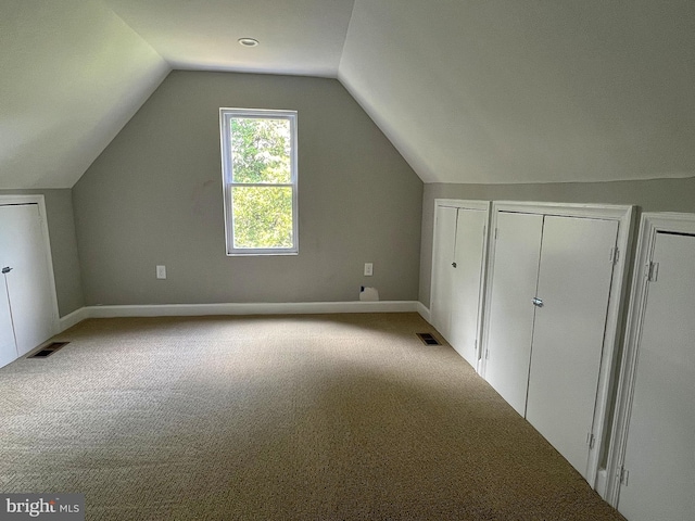 additional living space featuring lofted ceiling and light carpet