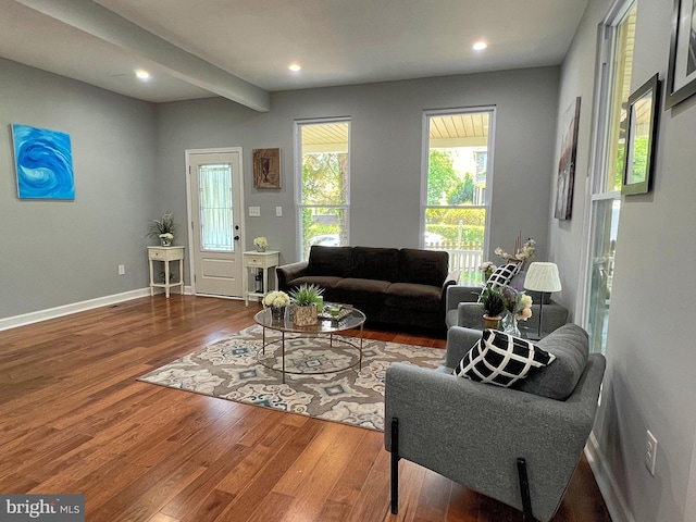 living room with wood-type flooring and beam ceiling