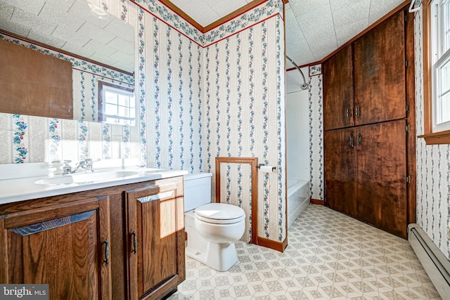 full bathroom with vanity, toilet, ornamental molding, a textured ceiling, and a baseboard radiator