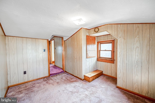 additional living space with light carpet and wooden walls