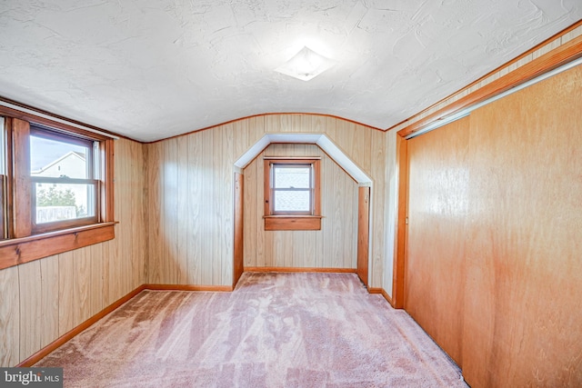 additional living space featuring light colored carpet, lofted ceiling, and wood walls