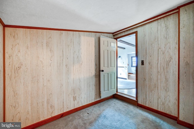 unfurnished room featuring crown molding, carpet floors, and wood walls