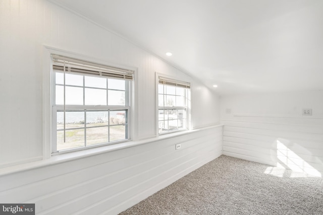 interior space featuring wooden walls, carpet floors, a wealth of natural light, and vaulted ceiling