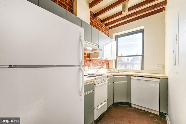 kitchen featuring sink, white appliances, beamed ceiling, and backsplash