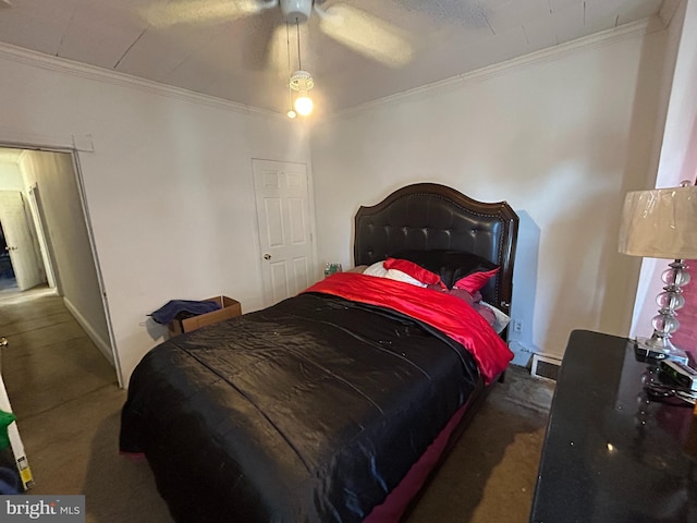 bedroom with dark carpet, ceiling fan, and crown molding