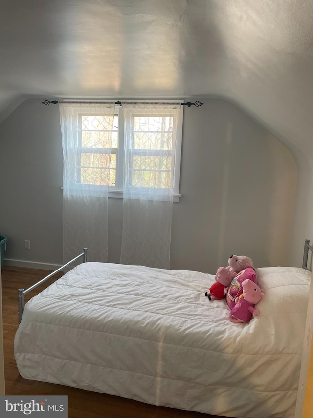 bedroom with dark hardwood / wood-style flooring and lofted ceiling