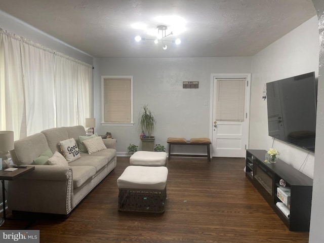 living room with dark hardwood / wood-style floors