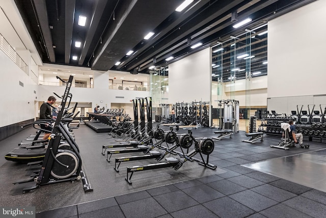 exercise room featuring a high ceiling