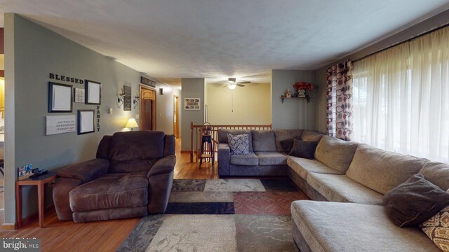 living room with hardwood / wood-style flooring and ceiling fan