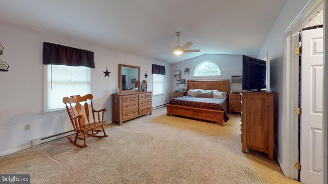 carpeted bedroom featuring ceiling fan, a baseboard radiator, and lofted ceiling