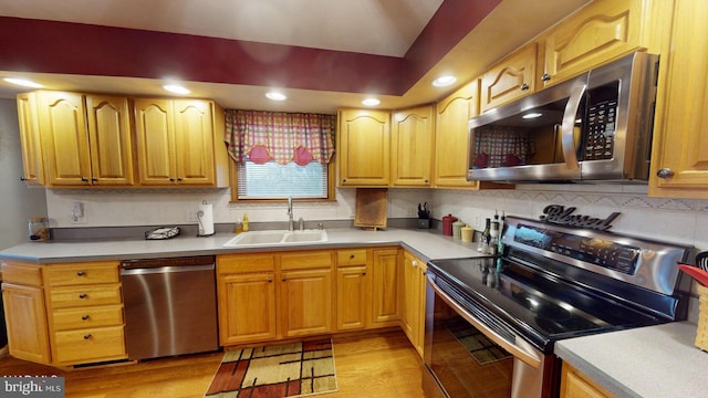 kitchen with backsplash, light hardwood / wood-style floors, sink, and appliances with stainless steel finishes