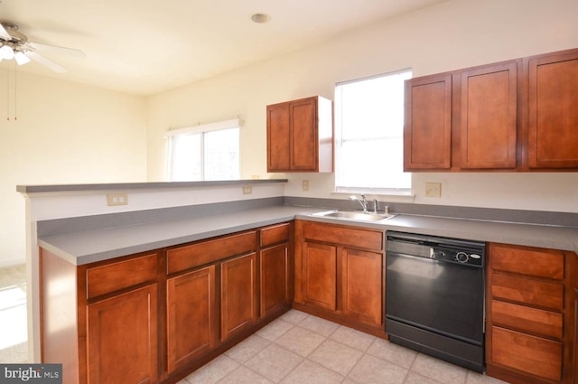 kitchen featuring dishwasher, ceiling fan, and sink