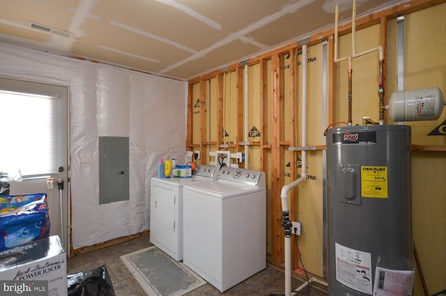 clothes washing area with washing machine and dryer, electric water heater, and electric panel