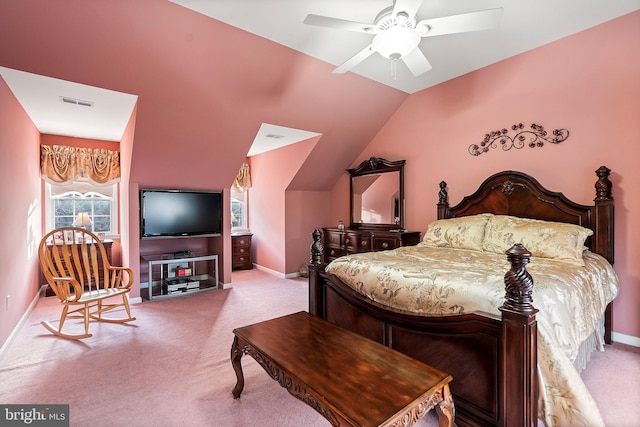 bedroom featuring ceiling fan, light carpet, and lofted ceiling