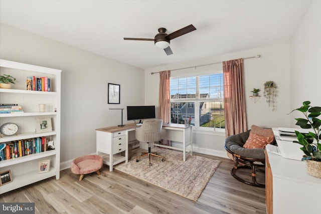 home office featuring light hardwood / wood-style floors and ceiling fan